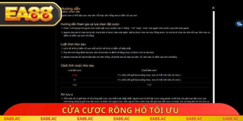 Cửa cược Rồng hổ tối ưu