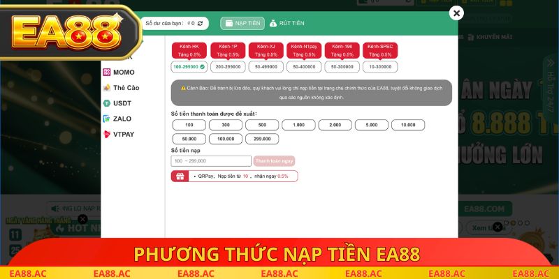 Phương thức nạp tiền EA88